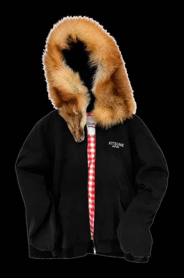 Fox Pelt Jacket from the front, full red fox pelt hood on garment-washed black cotton twill